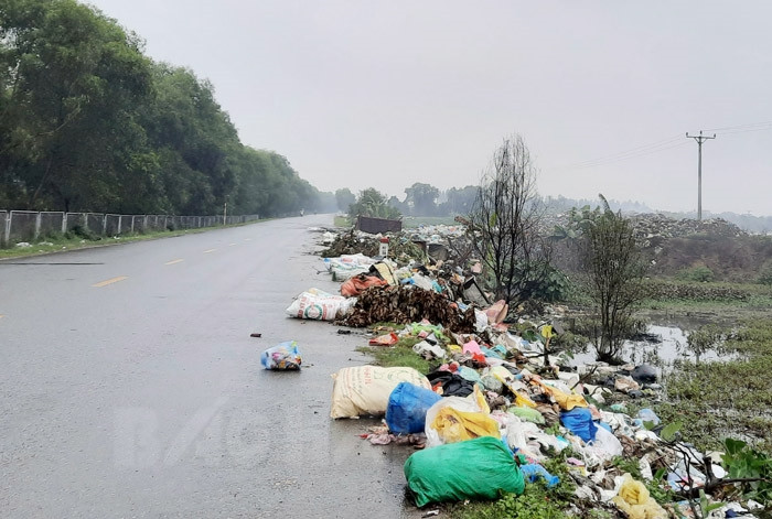 Vứt rác bừa bãi dọc đường gom ô tô cao tốc Hà Nội - Hải Phòng
